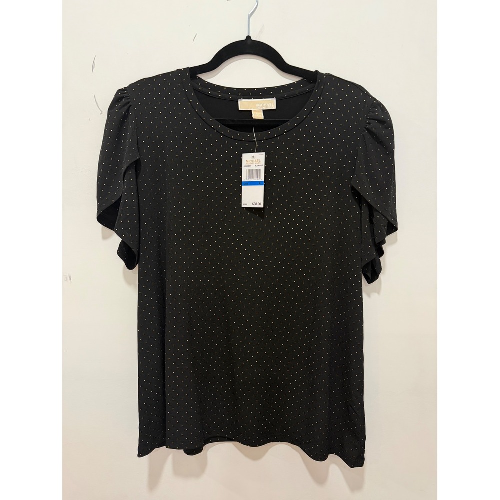 Michael Kors Womens Black Gold Pin Dot Petal Sleeve Top Blouse  XL